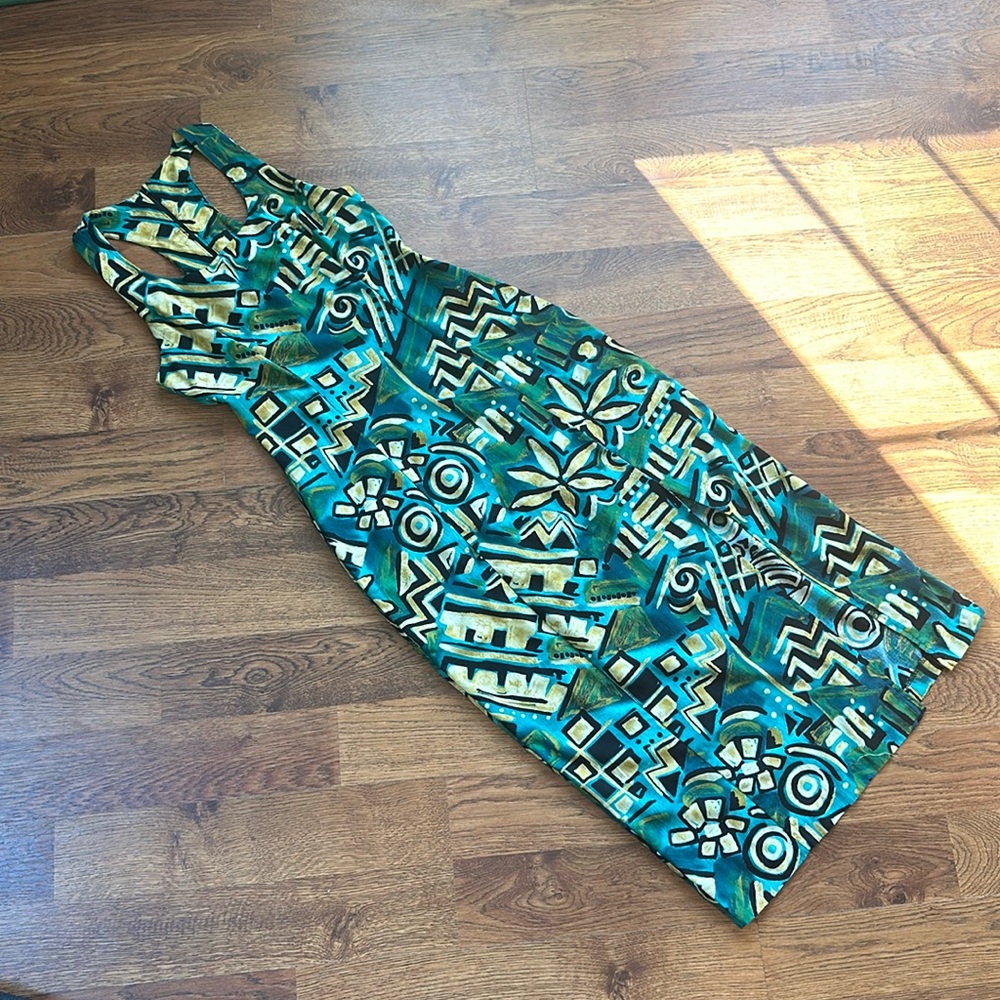 90s Tribal Print Fitted Sleeveless Racerback Midi Dress, Small